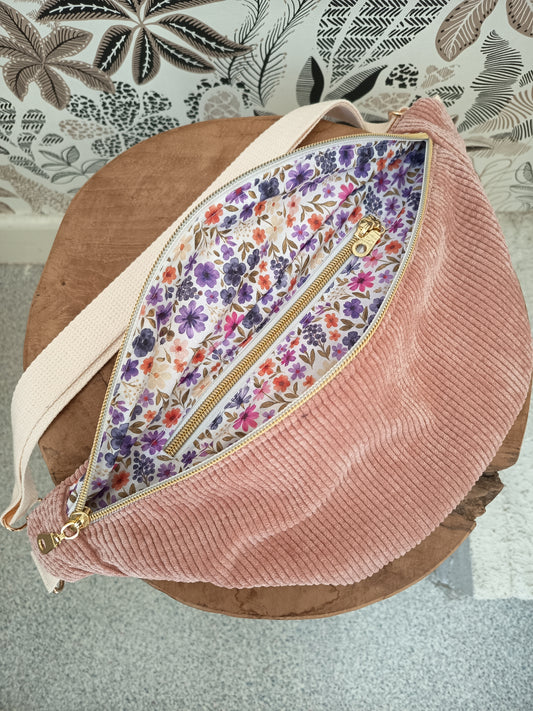 Sac banane velours côtelé rose fleuri