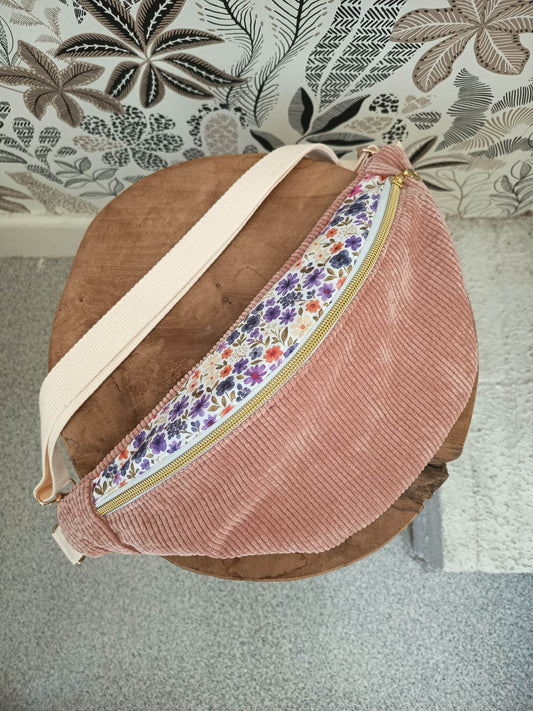 Sac banane velours côtelé rose fleuri bi-matiere