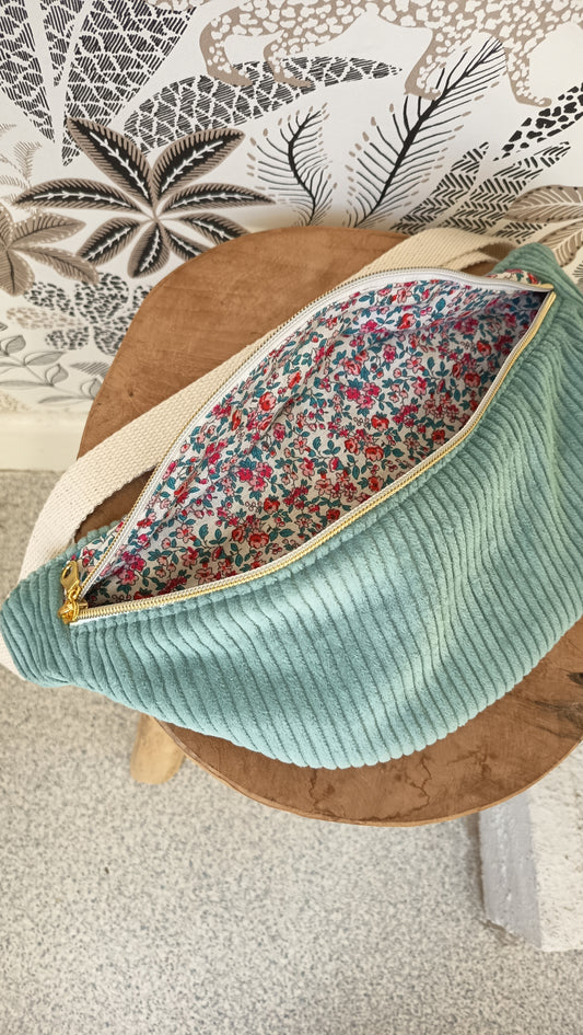 Sac banane velours côtelé bleu céladon fleuri bi-matiere