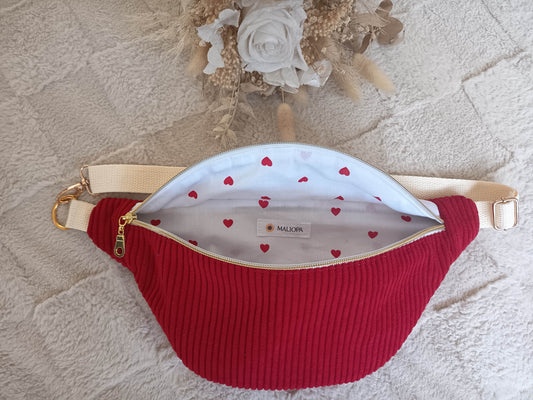 Sac banane velours côtelé rouge coeur