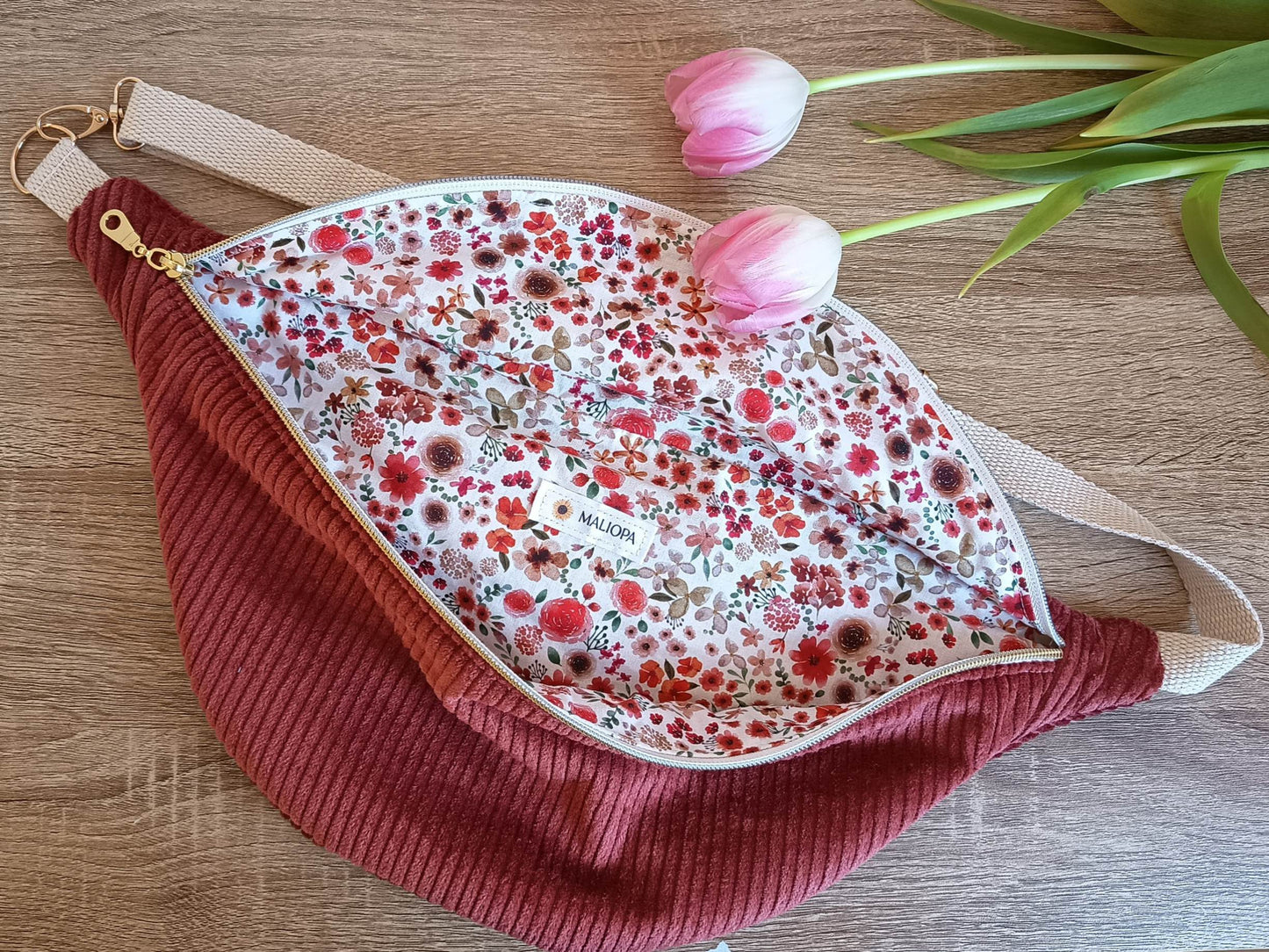 Sac banane velours côtelé brique fleuri