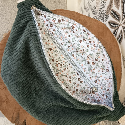 Sac banane velours kaki fleuri