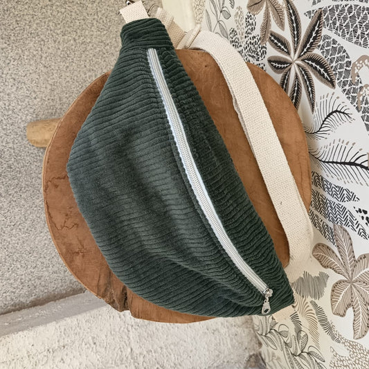 Sac banane velours kaki fleuri