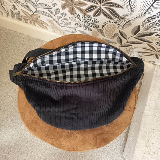 Sac banane velours côtelé noir vichy