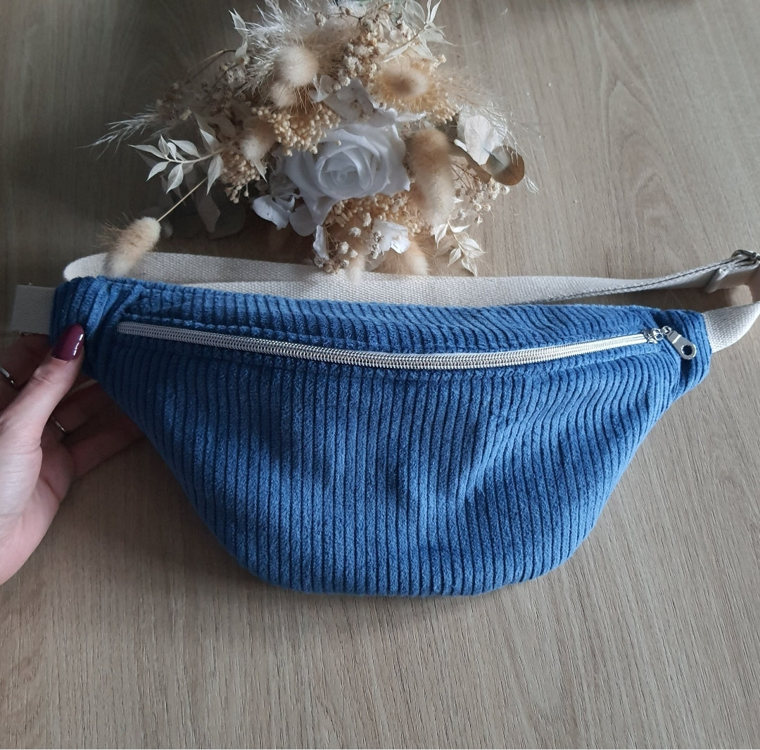 Sac banane velours côtelé bleu toile de jouy