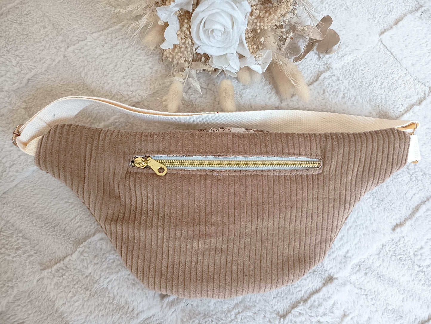 Sac banane velours côtelé camel fleuri