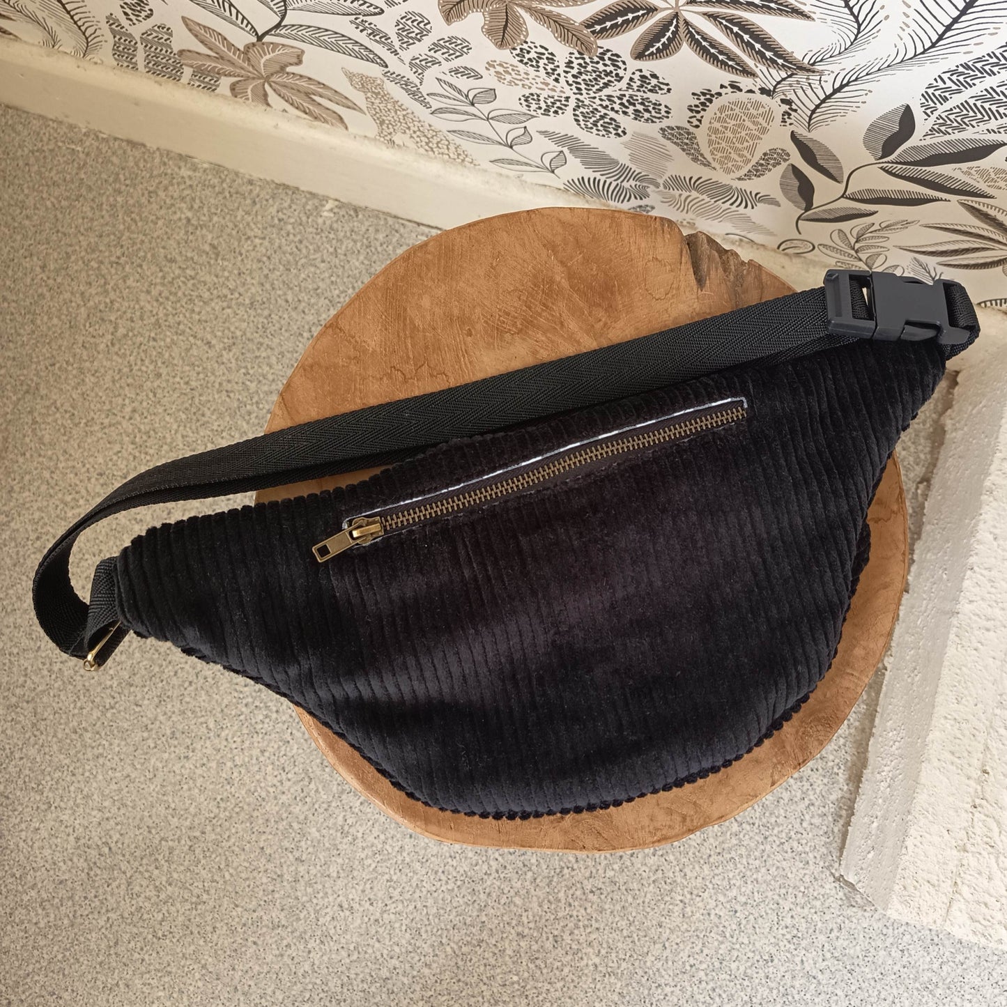 Sac banane velours côtelé noir vichy