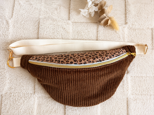 Sac banane velours côtelé chocolat léopard