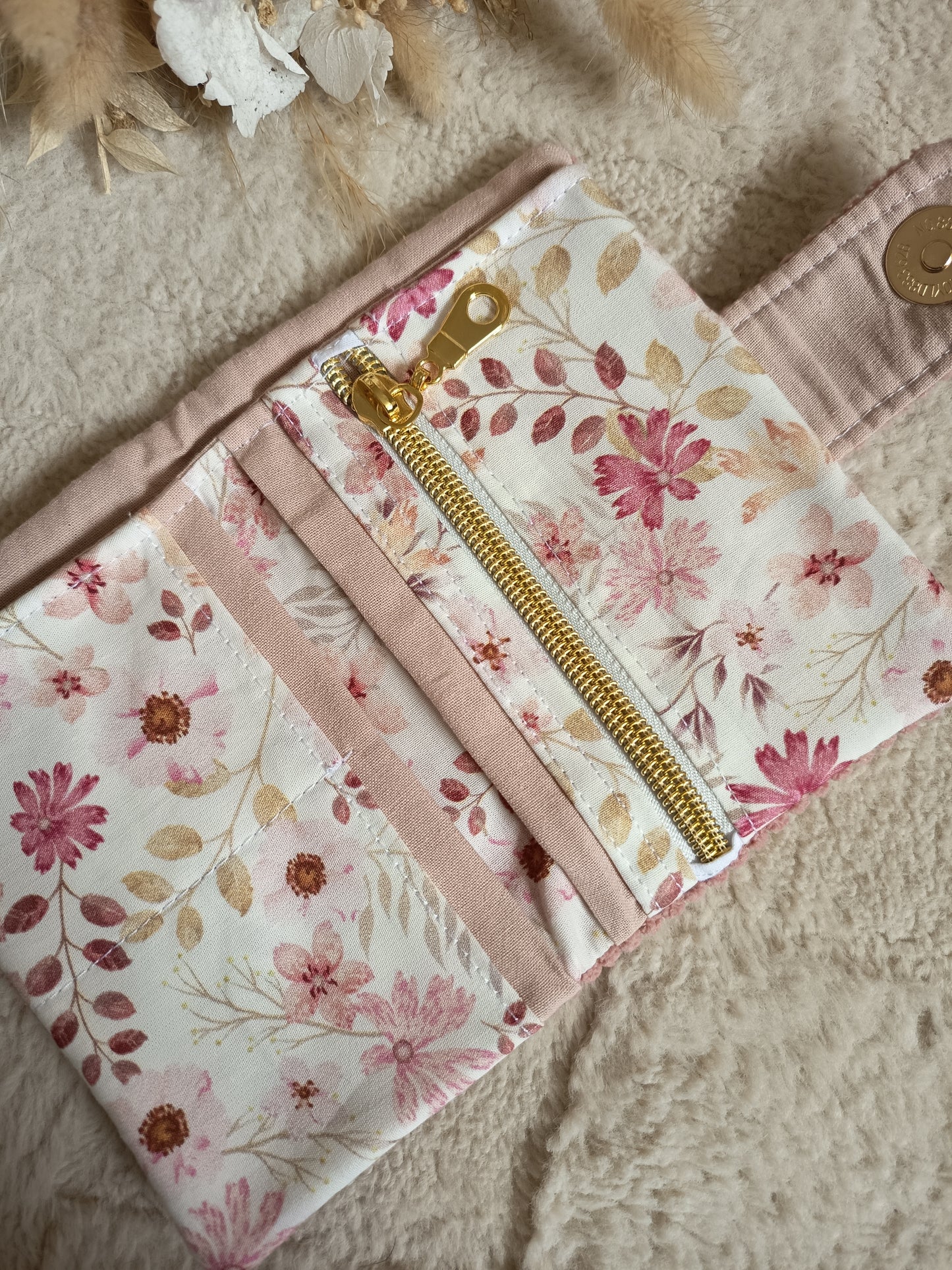 Portefeuille velours rose à fleurs