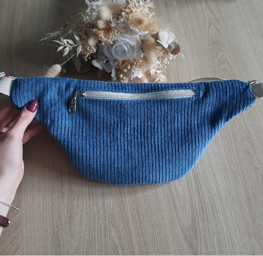Sac banane velours côtelé bleu toile de jouy
