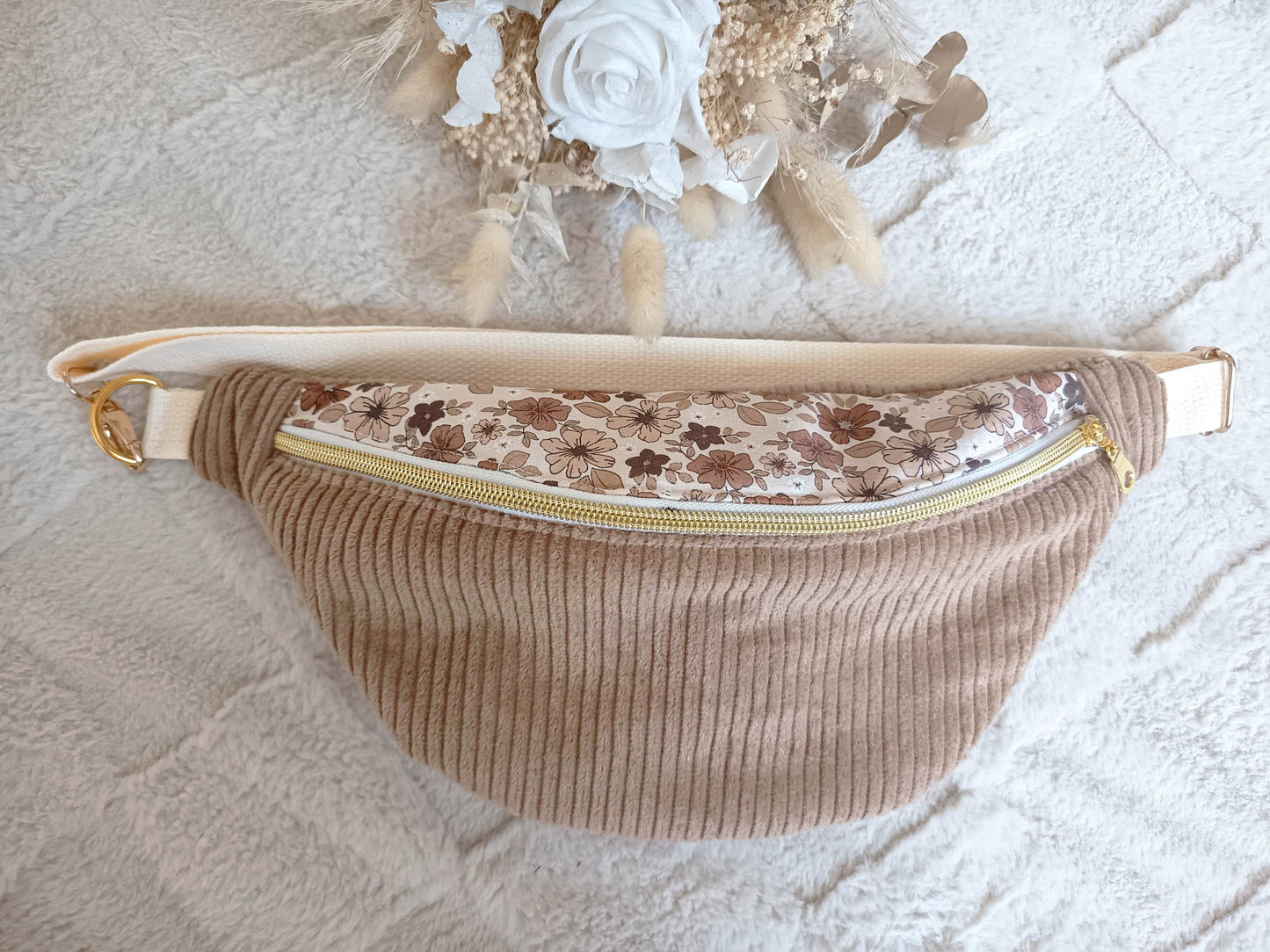 Sac banane velours côtelé camel fleuri