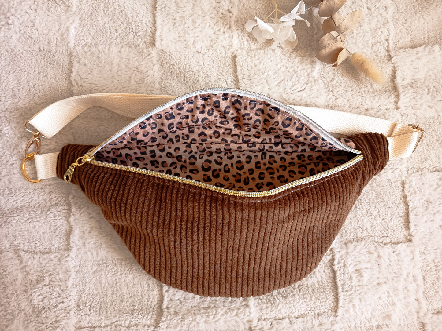 Sac banane velours côtelé chocolat léopard