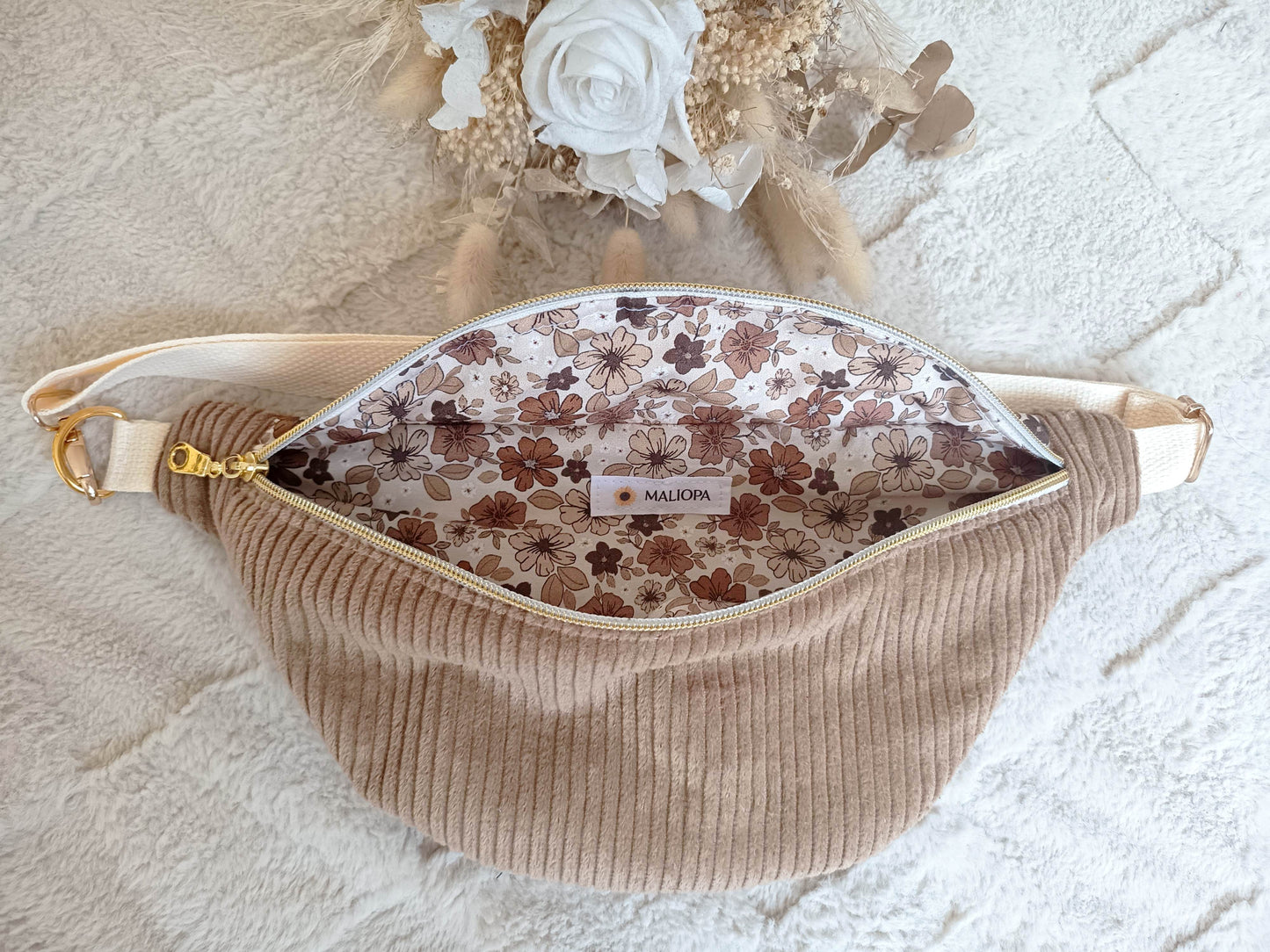Sac banane velours côtelé camel fleuri